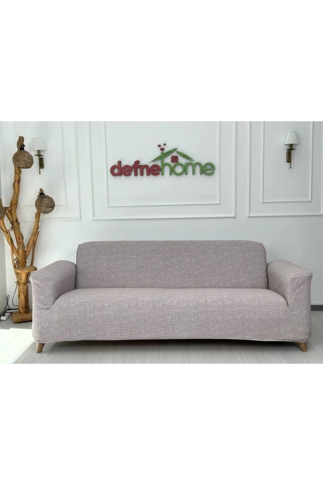 Döşemelik Kumaş Düz Keten Lastikli Kayma Yapmayan 3 Kişilik 1 Adet Büyük Kanepe Örtüsü Pudra