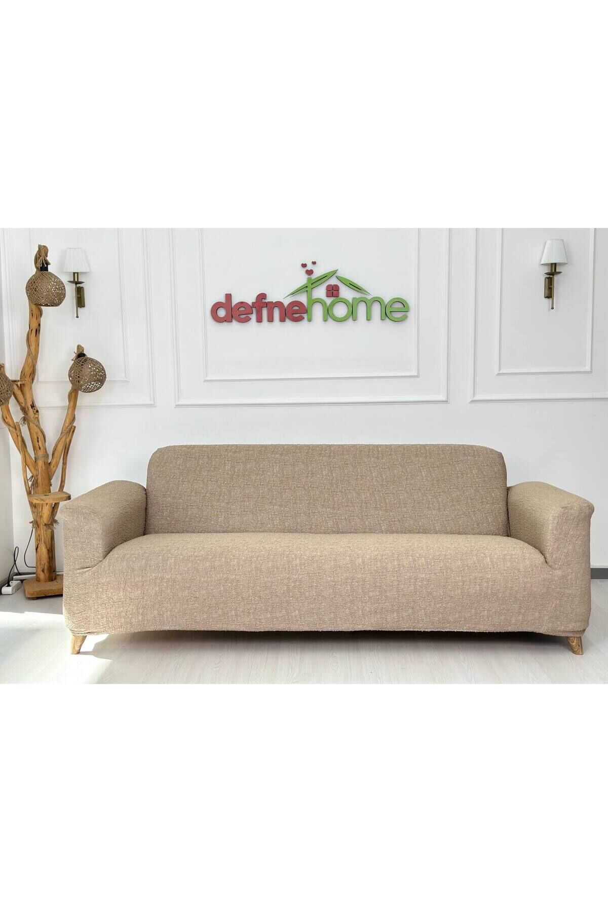 Döşemelik Kumaş Düz Keten Lastikli Kayma Yapmayan 3 Kişilik 1 Adet Büyük Kanepe Örtüsü Vizon