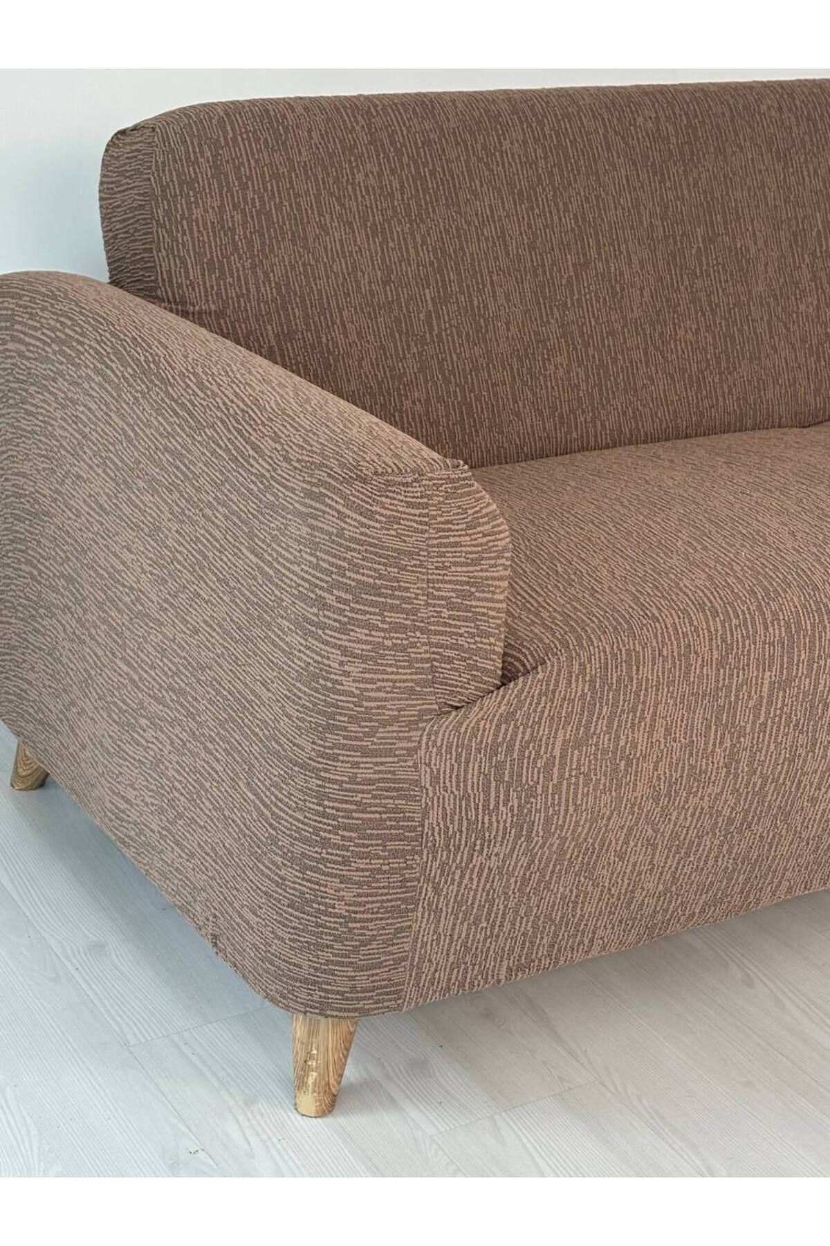 Jakar Kumaş Lastikli Kayma Yapmayan3 Kişilik Tekli Kanepe Örtüsü Kahverengi