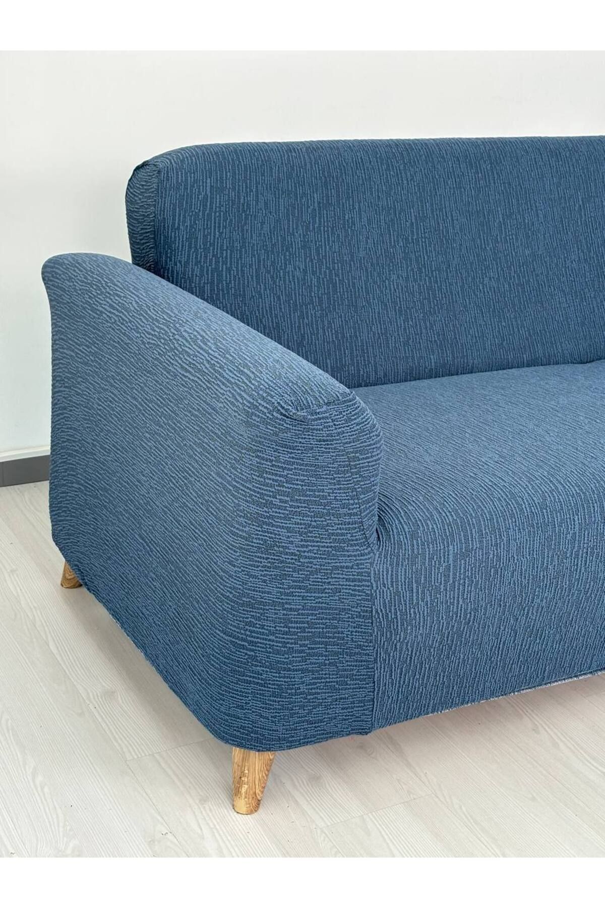 Jakar Kumaş Lastikli Kayma Yapmayan3 Kişilik Tekli Kanepe Örtüsü Indigo